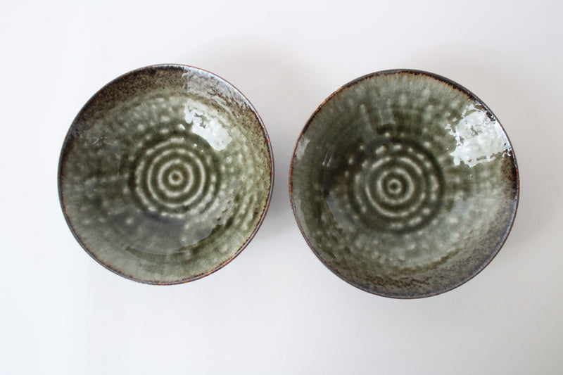 Mino ware Japanese Pottery Salad / Appetizer / Dipping Bowl Set Rusty Green made in Japan