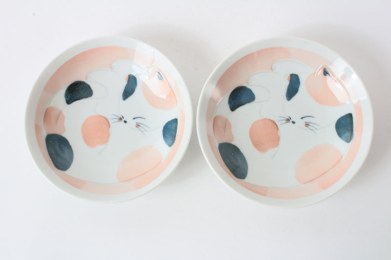 Mino ware Japanese Ceramics Mini Round Plate Set of Two Sleeping Cats Apricot Pink made in japan