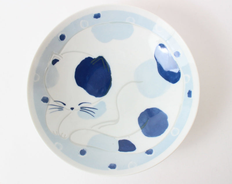 Mino ware Japanese Ceramics Large Round Plate Sleeping Cats Baby Blue Made in Japan