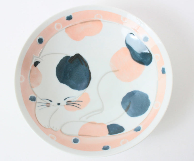 Mino ware Japanese Ceramics Large Round Plate Sleeping Cats Apricot Pink Made in Japan