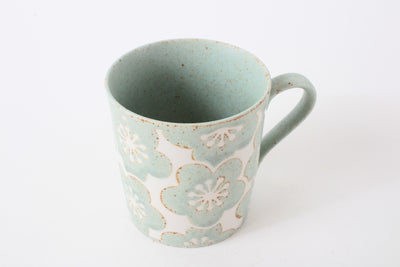 Mino Ware Japanese Ceramic Lightweight Mug Cup w/ Plum Flowers Rusuty Green