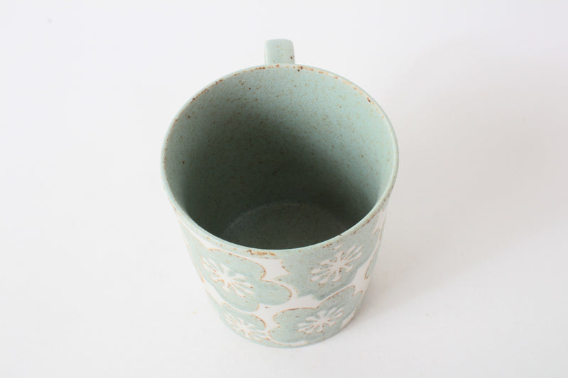 Mino Ware Japanese Ceramic Lightweight Mug Cup w/ Plum Flowers Rusuty Green