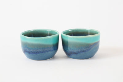 Mino ware Japanese Ceramics Tokkuri and Sake Cup set Blue w/ Emerald Green made in japan