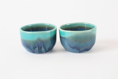 Mino ware Japanese Ceramics Tokkuri and Sake Cup set Blue w/ Emerald Green made in japan