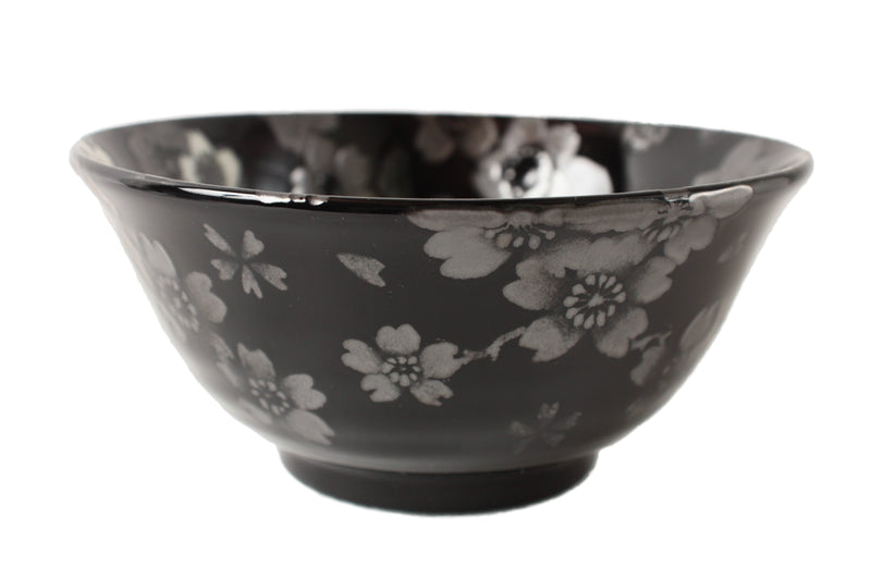 Mino ware Japanese Large Rice Bowl Cherry Blossom Flowers Black