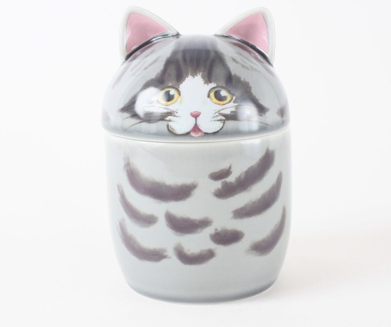 Mino ware Cat Pit (Large) Lidded Pot Silver Tabby Cat made in Japan