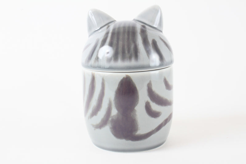 Mino ware Cat Pit (Large) Lidded Pot Silver Tabby Cat made in Japan