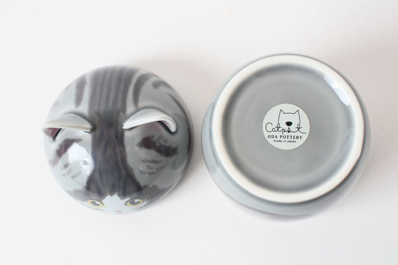 Mino ware Cat Pit (Large) Lidded Pot Silver Tabby Cat made in Japan