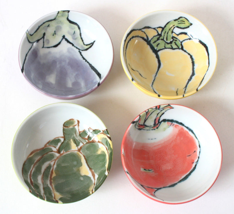 Mino ware Japanese Ceramics Small Plate Set of 4 Vegetable (Turnip、Pumpkin、Eggplant、Yellow Bell Pepper) Made in Japan