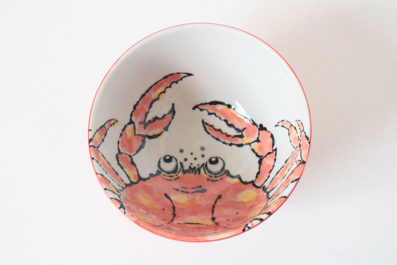 Mino ware Japanese Ceramics Large Rice Bowl Donburi w/ Red Crab Design Made in Japan