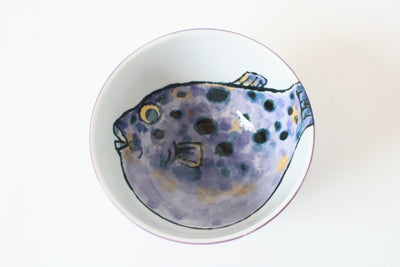 Mino ware Japanese Ceramics Large Rice Bowl Donburi w/ Purple Pufferfish Design Made in Japan