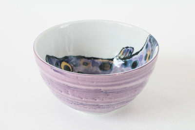 Mino ware Japanese Ceramics Large Rice Bowl Donburi w/ Purple Pufferfish Design Made in Japan