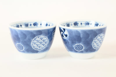 Mino ware Japanese Pottery Pair of Sobachoko Cups w/ Dark Circular Pattern Made in Japan