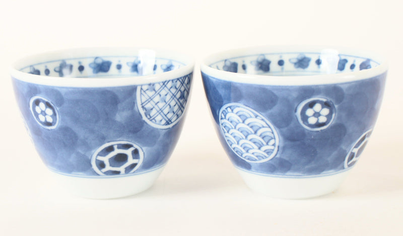 Mino ware Japanese Pottery Pair of Sobachoko Cups w/ Dark Circular Pattern Made in Japan