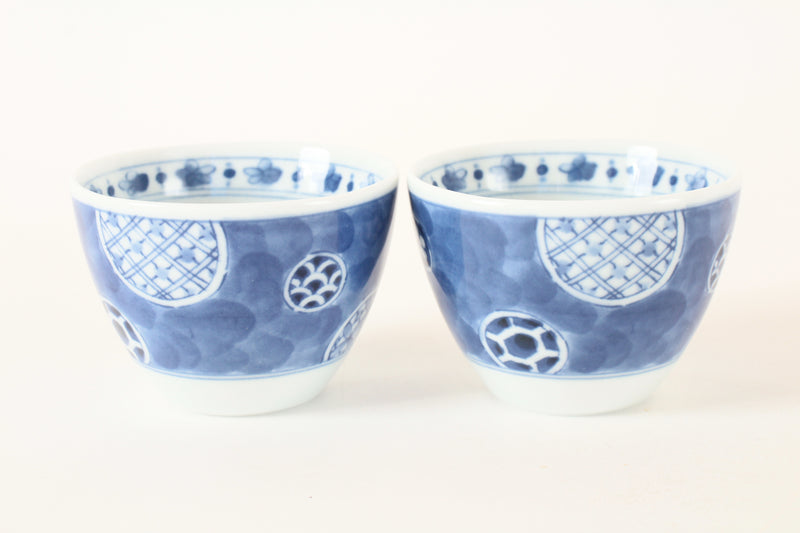 Mino ware Japanese Pottery Pair of Sobachoko Cups w/ Dark Circular Pattern Made in Japan