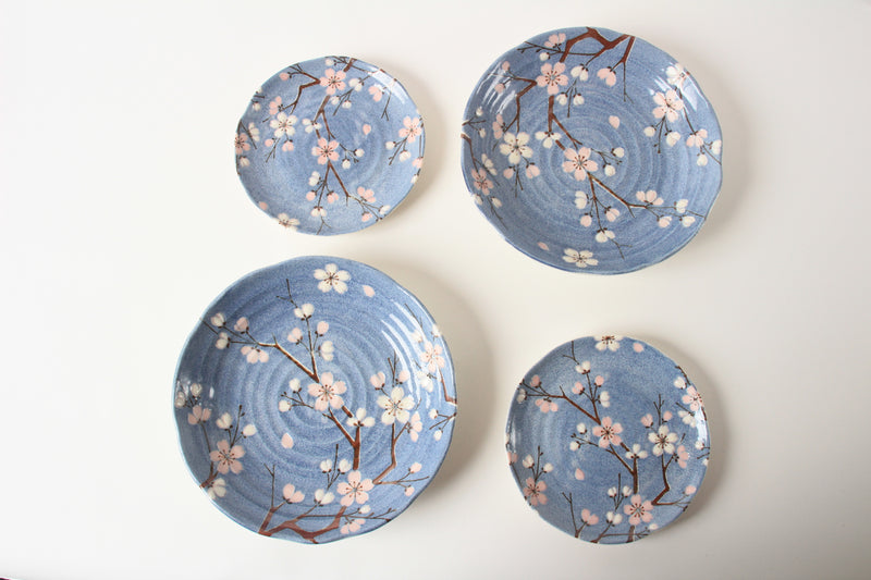 Mino ware Japanese Ceramics 2 Pasta Plate & 2 Salad Plate set Sakura Blue