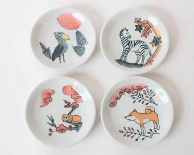 Mino ware Japan Ceramics Mini Round Plate / Dish Set of 4 (Cat, Dog, Zebra, Bird) Made in Japan