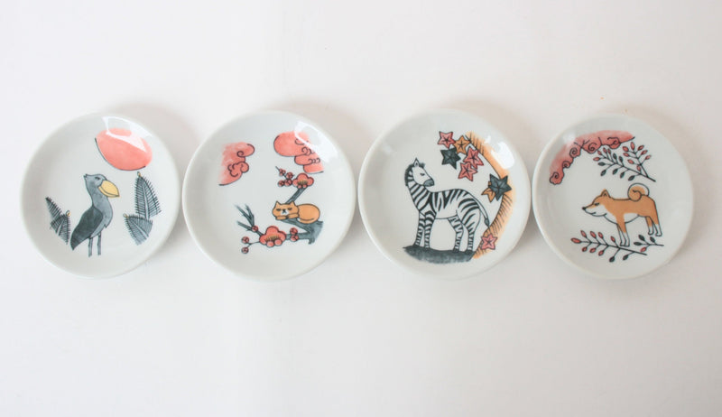 Mino ware Japan Ceramics Mini Round Plate / Dish Set of 4 (Cat, Dog, Zebra, Bird) Made in Japan