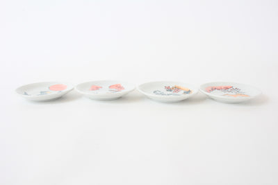 Mino ware Japan Ceramics Mini Round Plate / Dish Set of 4 (Cat, Dog, Zebra, Bird) Made in Japan