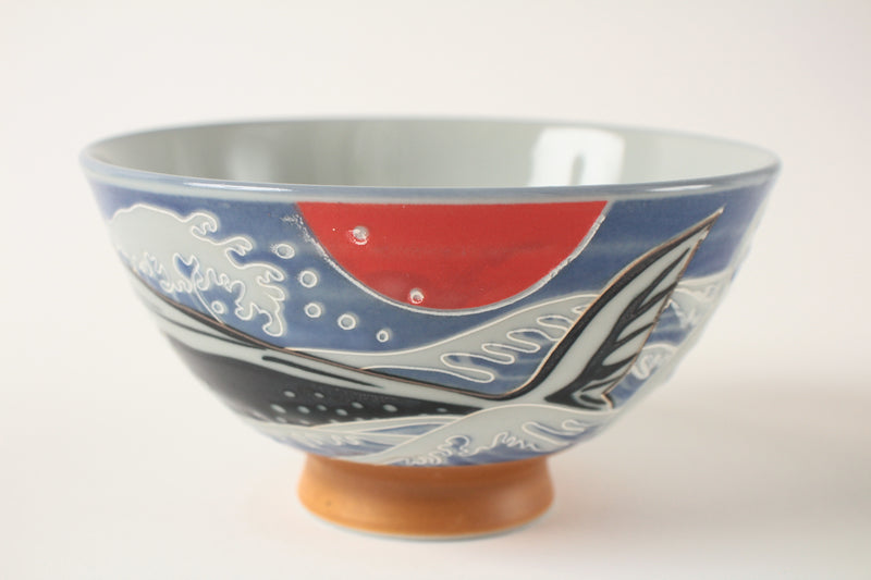 Mino ware Japanese Ceramics Rice Bowl Blue Whale & Sun made in Japan
