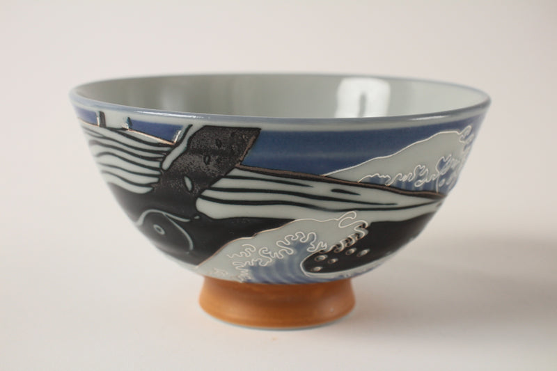 Mino ware Japanese Ceramics Rice Bowl Blue Whale & Sun made in Japan