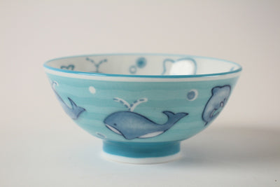 Mino ware Japanese Pottery Kids Rice Bowl Dolphins & Whales made in Japan New