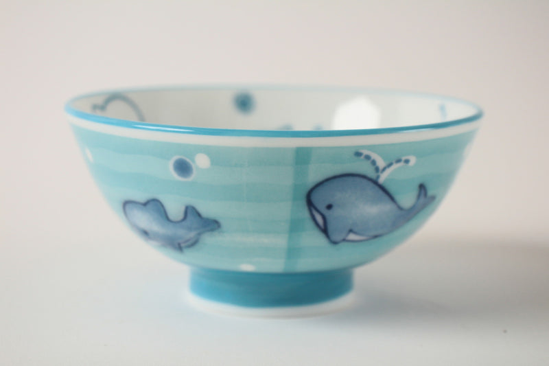 Mino ware Japanese Pottery Kids Rice Bowl Dolphins & Whales made in Japan New