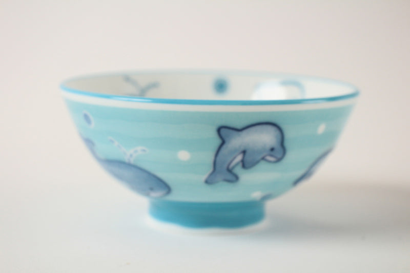 Mino ware Japanese Pottery Kids Rice Bowl Dolphins & Whales made in Japan New