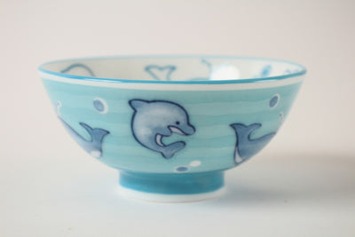 Mino ware Japanese Pottery Kids Rice Bowl Dolphins & Whales made in Japan New