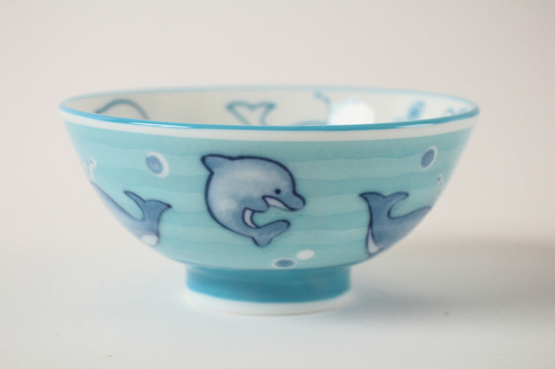 Mino ware Japanese Pottery Kids Rice Bowl Dolphins & Whales made in Japan New