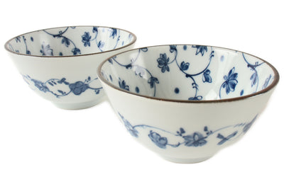 Mino ware Japanese Ceramics Rice Bowl Set of Two White Blue Flower made in Japan