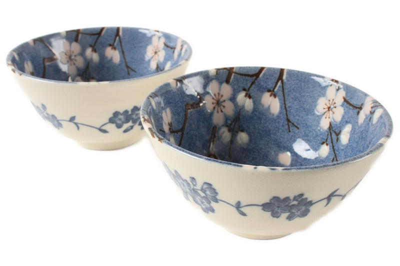 Mino ware Japanese Ceramics Rice Bowl Set of Two Sakura Blue made in Japan