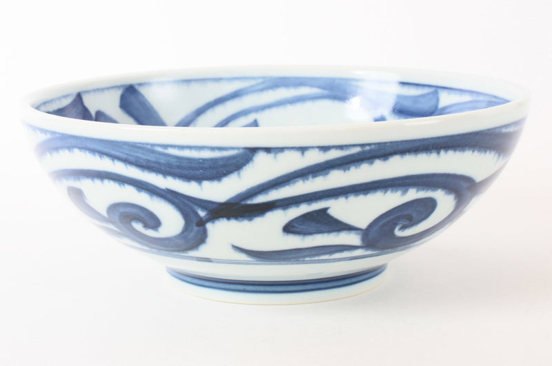 Mino ware Japanese Ceramics Large and Wide Noodle Donburi Bowl Indigo grass pattern (1000ml)