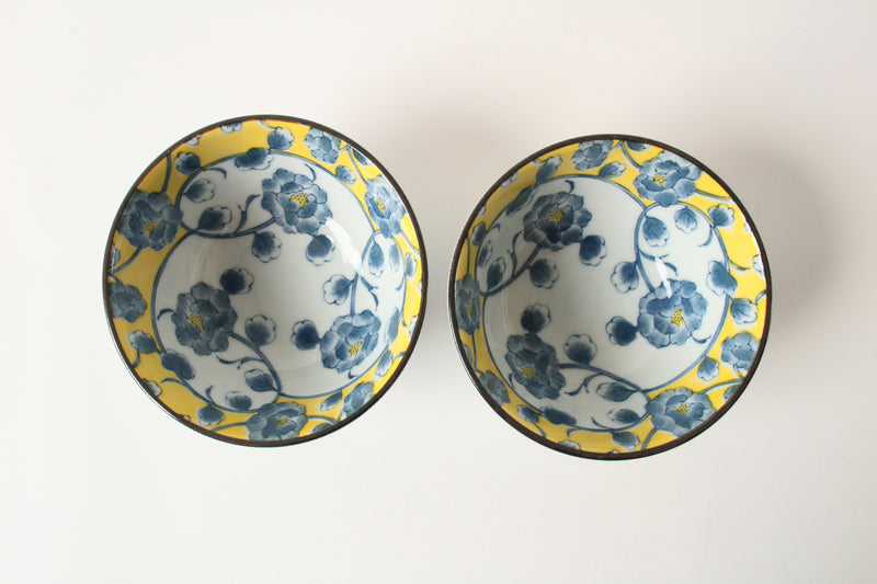 Mino ware Japanese Ceramics Rice Bowl Set of Two Yellow Blue Flower