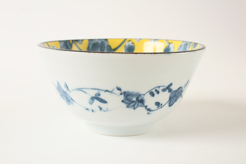Mino ware Japanese Ceramics Rice Bowl Set of Two Yellow Blue Flower