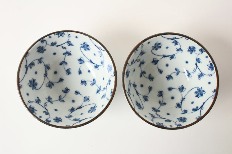 Mino ware Japanese Ceramics Rice Bowl Set of Two White Blue Flower made in Japan