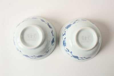 Mino ware Japanese Ceramics Rice Bowl Set of Two White Blue Flower made in Japan