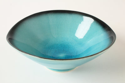 Mino ware Japanese Pottery BLUE RIVERS (Gloss) Oval Plate Turquoise Blue