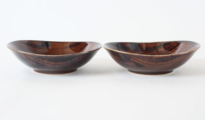 Mino Ware Japanese Ceramics Deep Oval Plate Set of 2 Wood Grain Pattern, Burnt Brown Made in Japan