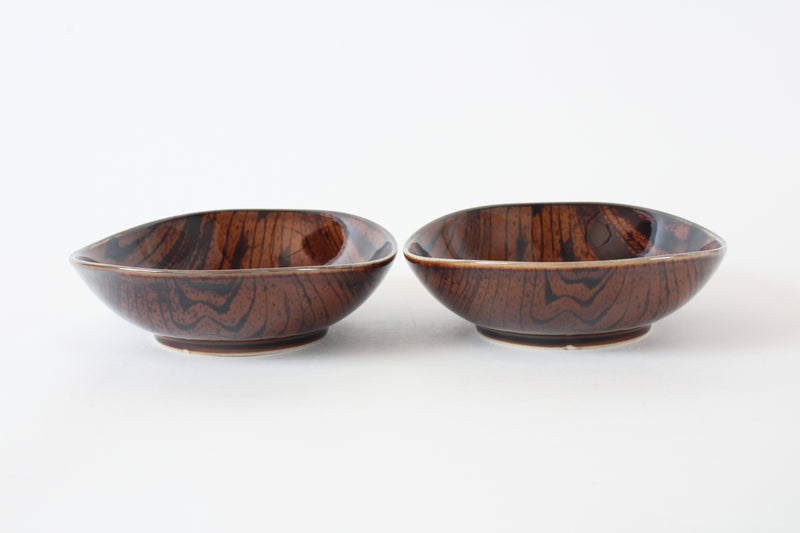 Mino Ware Japanese Ceramics Deep Oval Plate Set of 2 Wood Grain Pattern, Burnt Brown Made in Japan