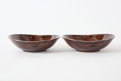 Mino Ware Japanese Ceramics Deep Oval Plate Set of 2 Wood Grain Pattern, Burnt Brown Made in Japan