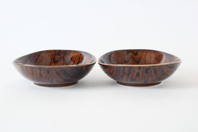 Mino Ware Japanese Ceramics Deep Oval Plate Set of 2 Wood Grain Pattern, Burnt Brown Made in Japan