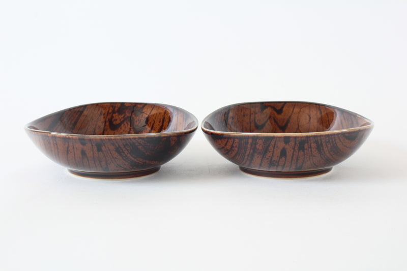 Mino Ware Japanese Ceramics Deep Oval Plate Set of 2 Wood Grain Pattern, Burnt Brown Made in Japan