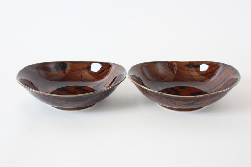 Mino Ware Japanese Ceramics Deep Oval Plate Set of 2 Wood Grain Pattern, Burnt Brown Made in Japan