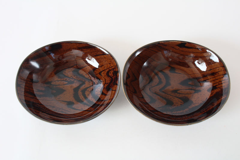 Mino Ware Japanese Ceramics Deep Oval Plate Set of 2 Wood Grain Pattern, Burnt Brown Made in Japan