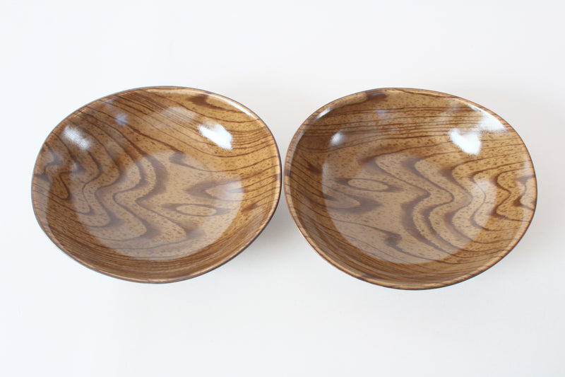 Mino Ware Japanese Ceramics Deep Oval Plate Set of 2 Wood Grain Pattern, Brown Made in Japan