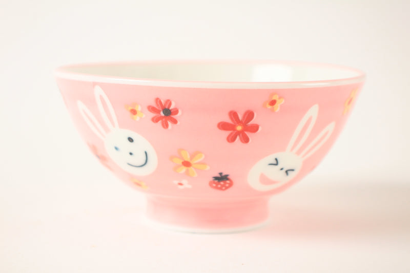 Mino ware Japanese Ceramics Kids Rice Bowl Rabbit Strawberry Flowers P ...