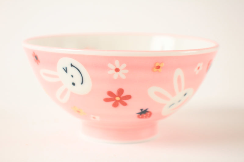 Mino ware Japanese Ceramics Kids Rice Bowl Rabbit Strawberry Flowers Pink