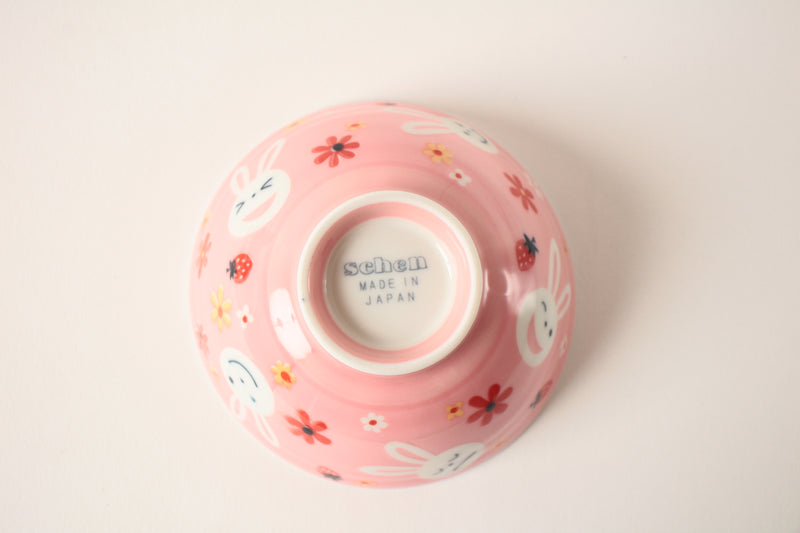 Mino ware Japanese Ceramics Kids Rice Bowl Rabbit Strawberry Flowers Pink