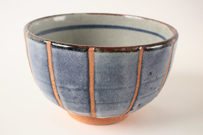 Mino ware Japanese Pottery Hand-crafted Ramen Donburi Bowl Blue & Orange stripe made in Japan